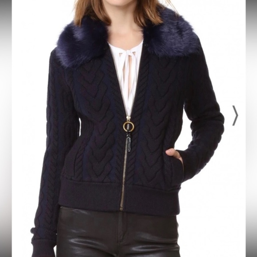 TORY BURCH Contraire Merino Wool Cable Knit Faux Fur Sweater Bomber Jacket XL